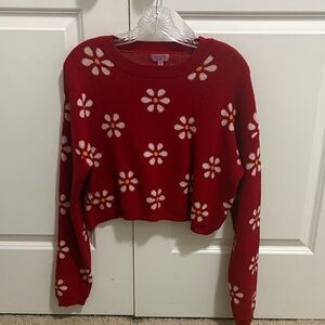 miami Red Crewneck Sweater with White & Yellow Daisy Pattern